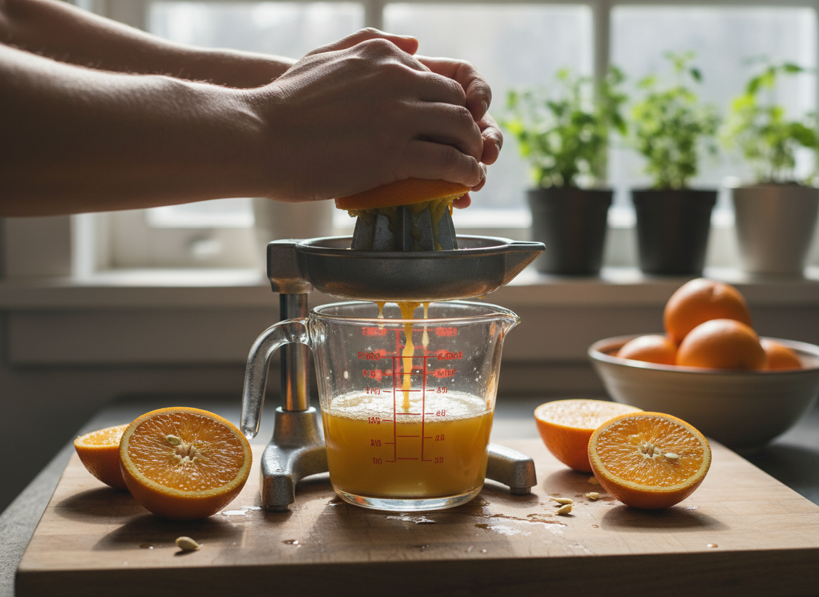 Cóctel de sidra con naranja: receta refrescante con helado 2 Exprimiendo naranjas frescas para el zumo natural del cóctel