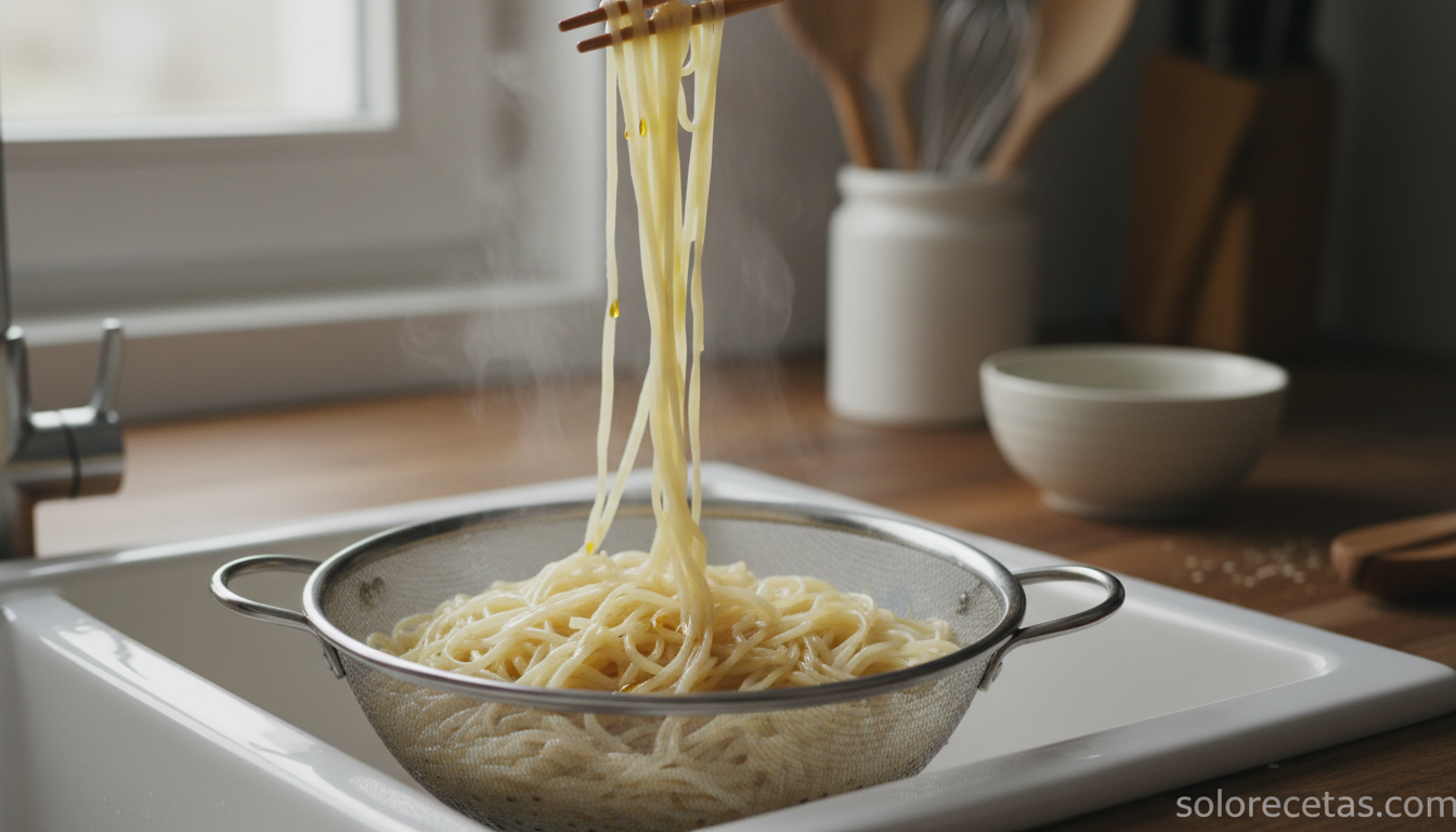 Fideos chinos cocidos y escurridos en colador con aceite de sesamo