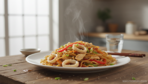 Fideos chinos con pollo recien salteados en plato blanco con pimientos y zanahoria