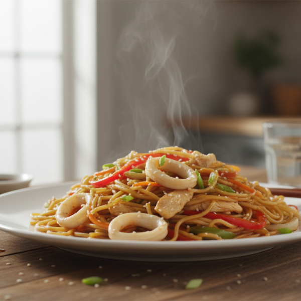 Fideos chinos con pollo recien salteados en plato blanco con pimientos y zanahoria