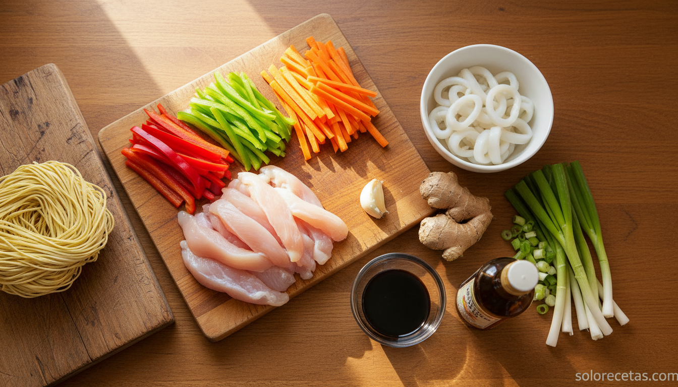 Ingredientes para fideos chinos con pollo cortados y listos sobre encimera de madera