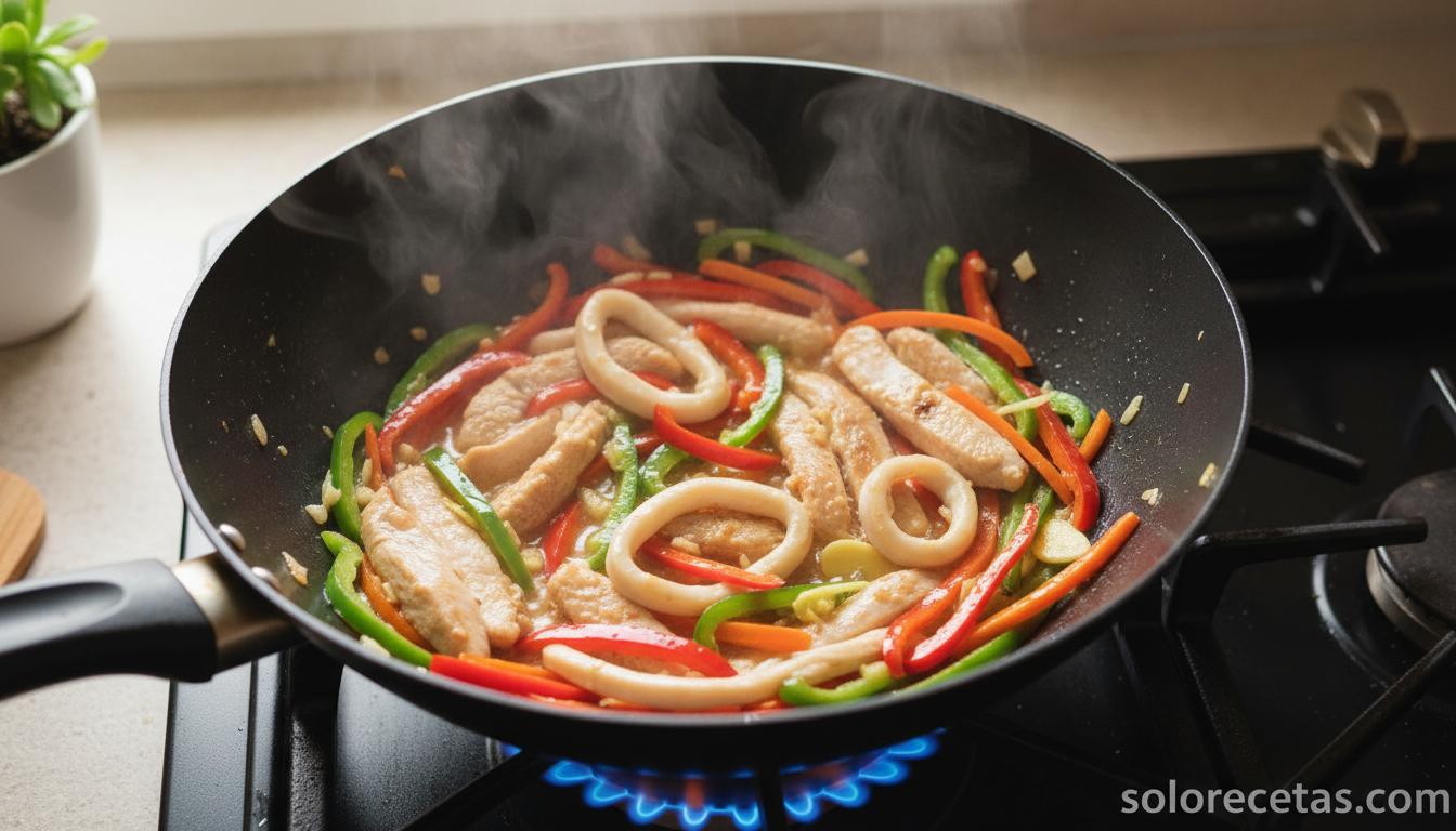 Pollo calamar y verduras salteados en wok para fideos chinos