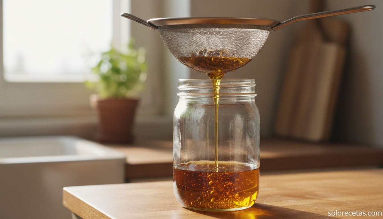 Filtrando aceite de oliva usado con colador para reutilizarlo