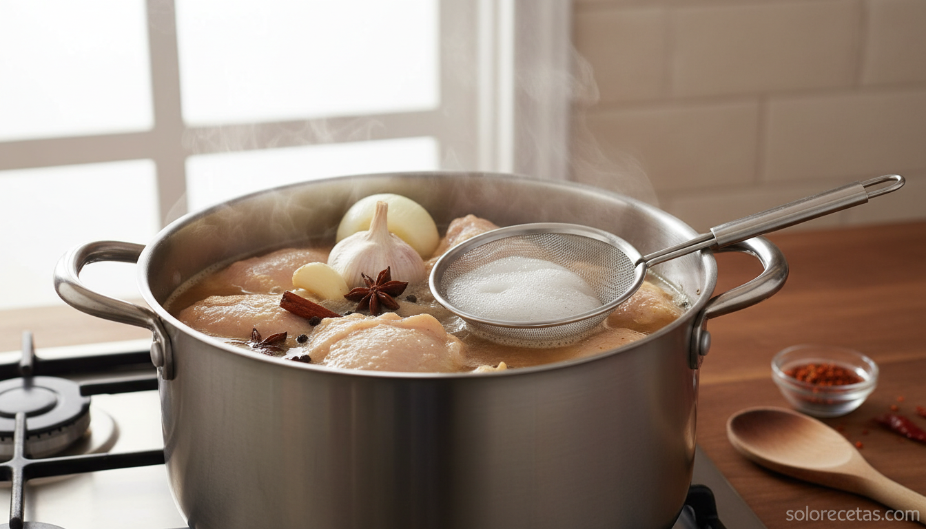 Caldo de berros canario: receta tradicional paso a paso 2 Olla con pollo cociendo para el fondo del caldo de berros