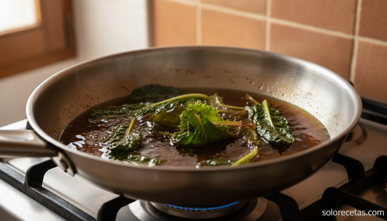 Hojas verdes friéndose en aceite oscuro para liberar clorofila y clarificarlo