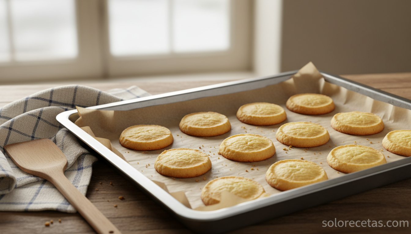 Galletas de mantequilla doradas recien horneadas en bandeja con papel de horno