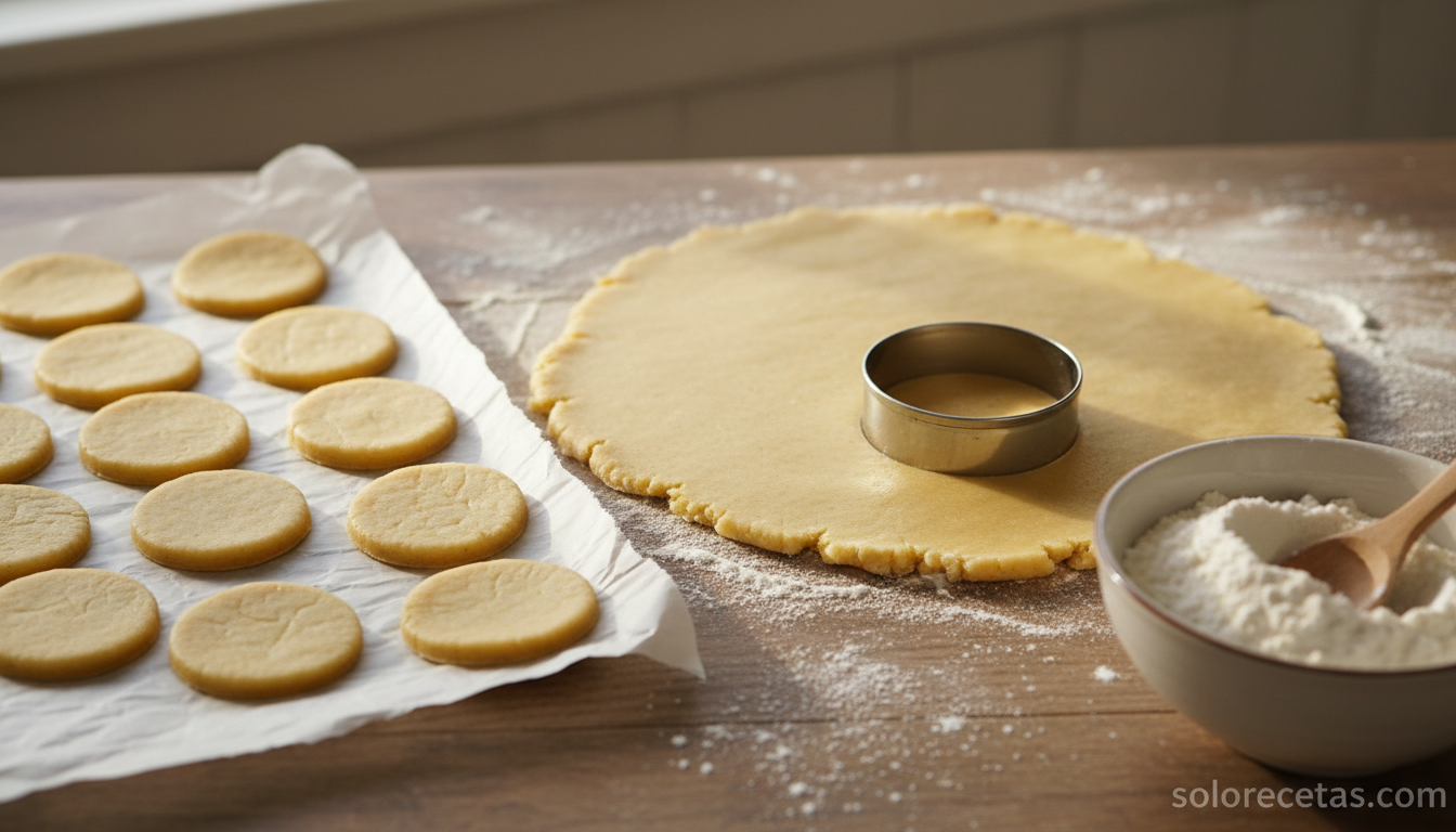 Masa de galletas estirada y cortada con cortapastas redondo