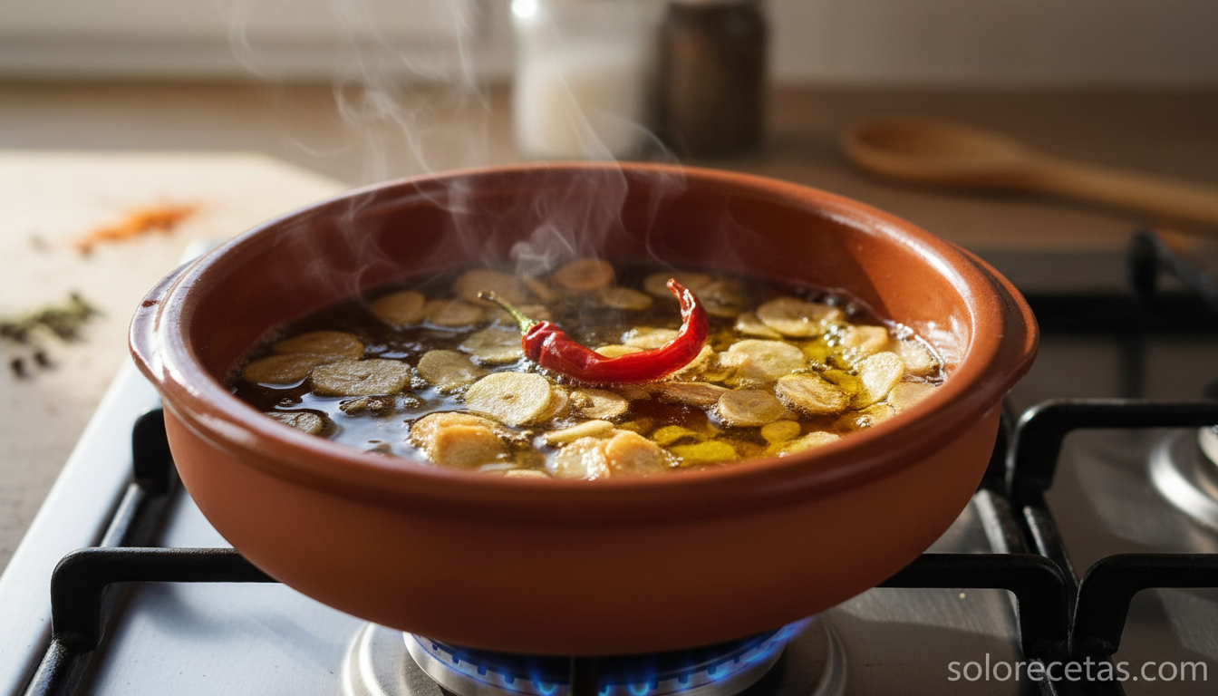 Ajo en láminas y guindilla dorándose en aceite de oliva en cazuela de barro