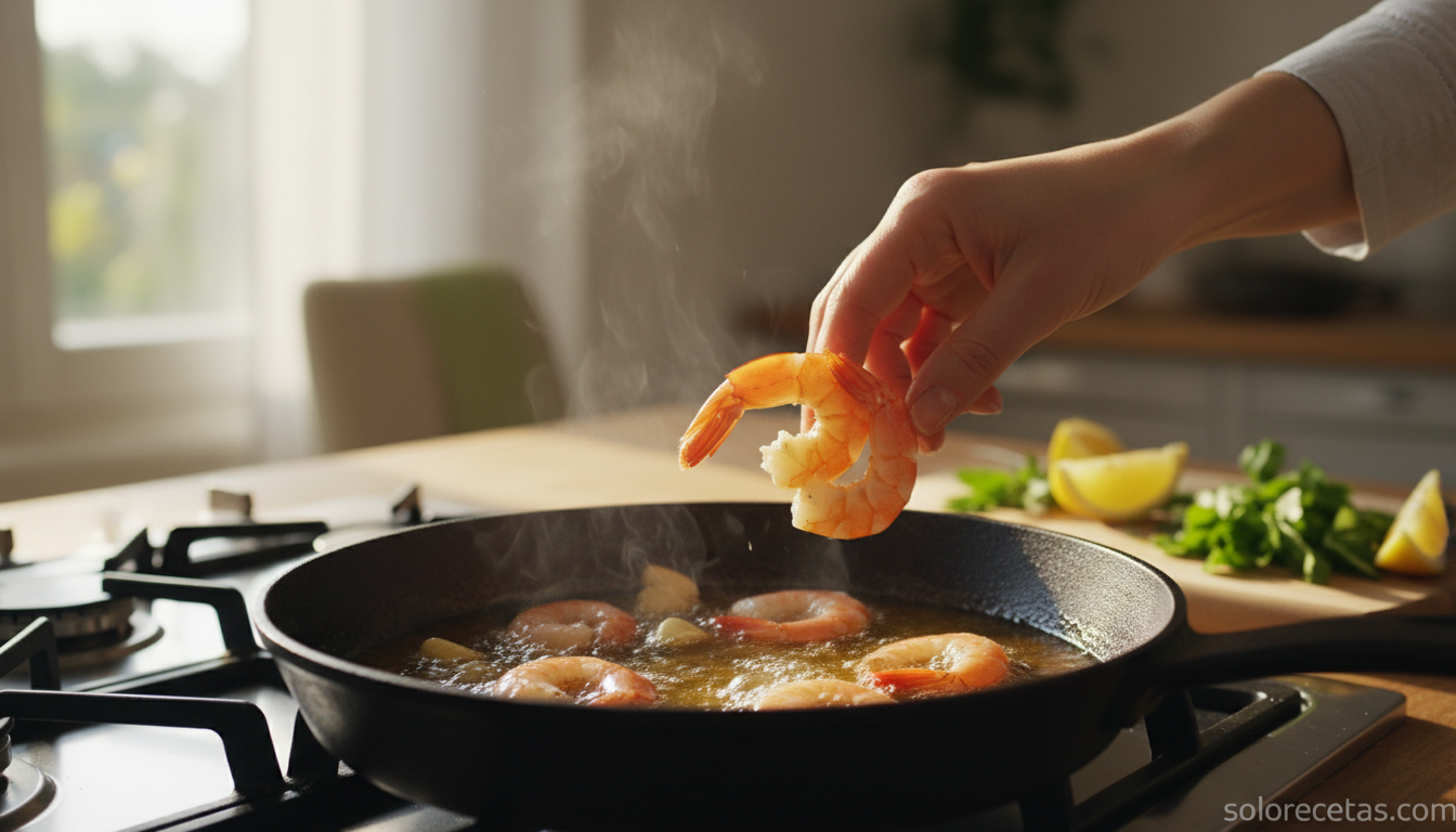 Añadiendo las gambas crudas al aceite caliente con ajo dorado