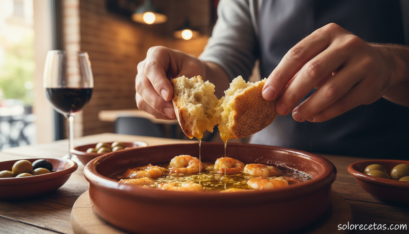 Mojando pan crujiente en el aceite de las gambas al ajillo