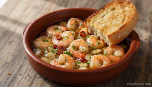 Gambas al ajillo burbujeando en cazuela de barro con ajo dorado y guindilla
