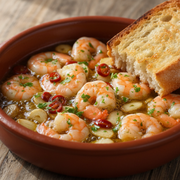 Gambas al ajillo burbujeando en cazuela de barro con ajo dorado y guindilla