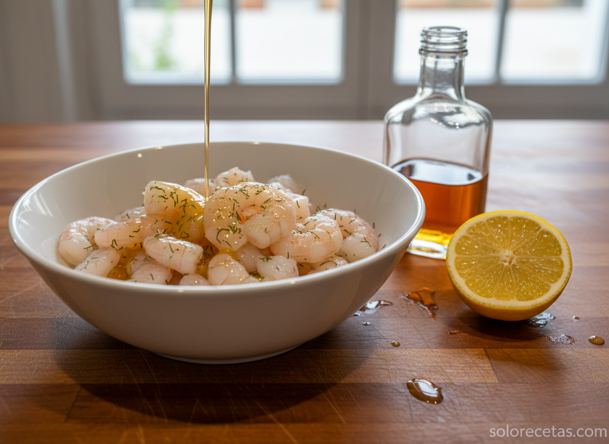 Colas de gambas marinándose con brandy y limón en un bol blanco