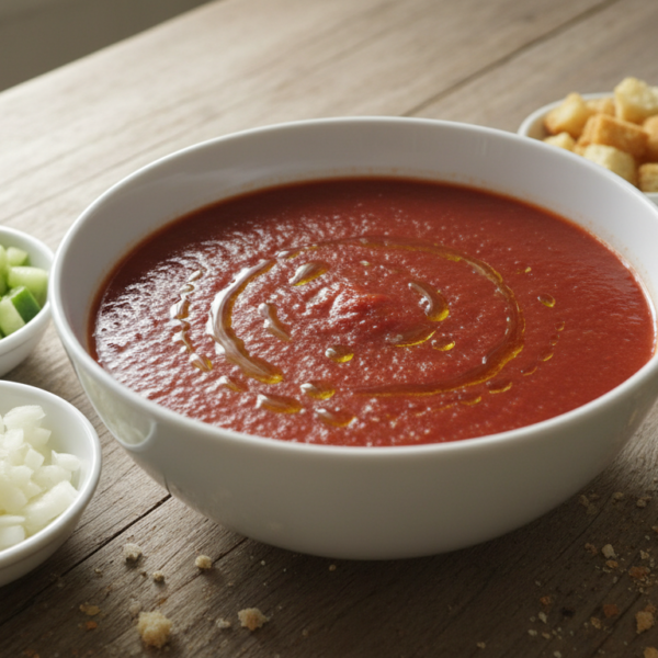 Gazpacho andaluz tradicional servido en cuenco blanco con tropezones de verduras