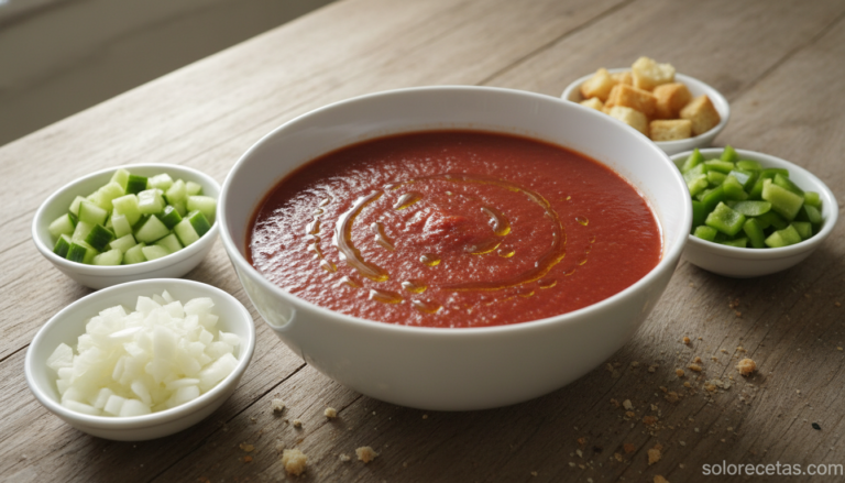 Home Elementor 7 Gazpacho andaluz tradicional servido en cuenco blanco con tropezones de verduras