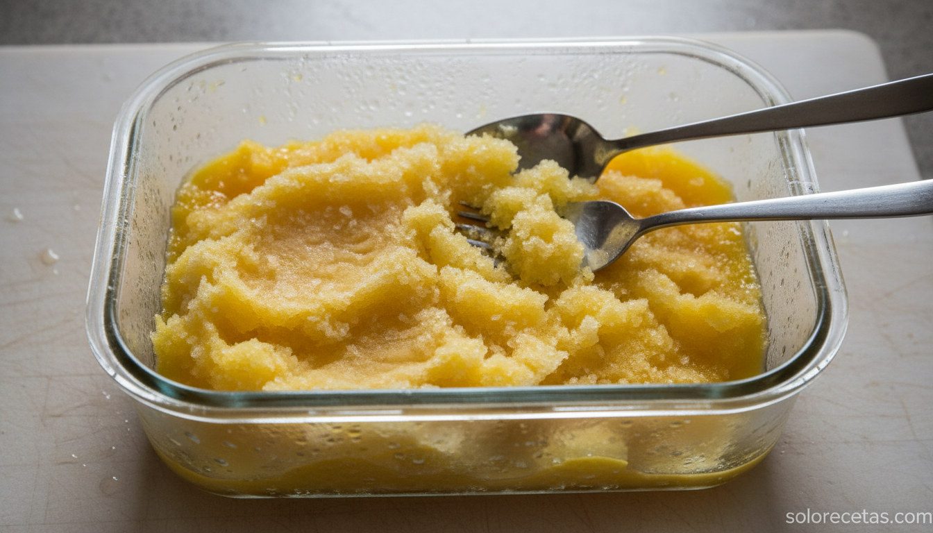 Batida de piña y mango congelada en taper rectangular con tenedor raspando la superficie para formar granizado