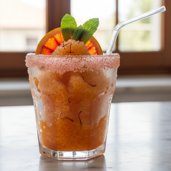 Granizado de naranja y azafrán en copa con borde escarchado y menta