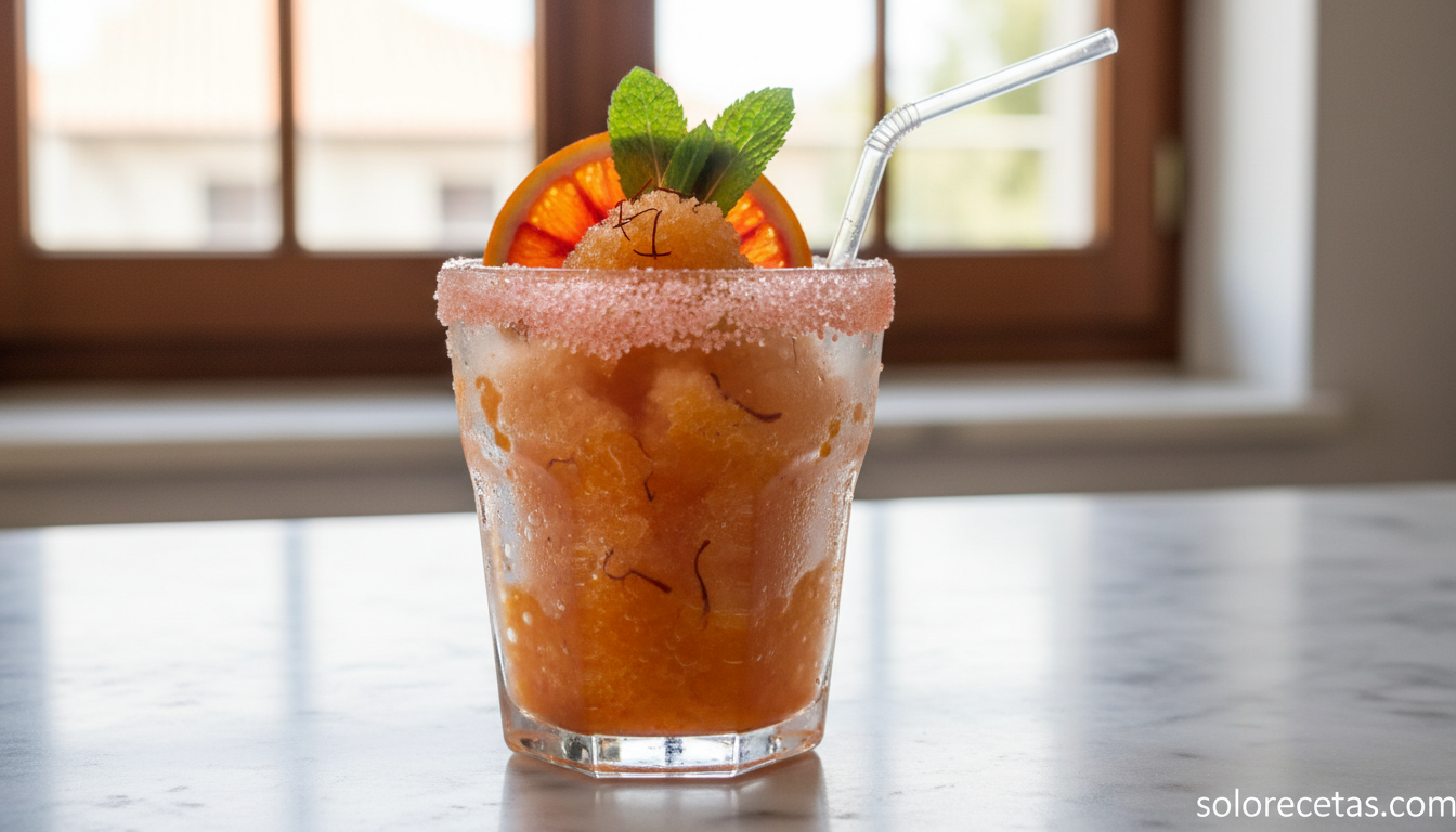 Granizado de naranja y azafrán en copa con borde escarchado y menta
