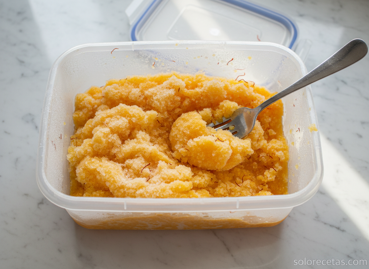Granizado de naranja siendo rascado con tenedor en táper