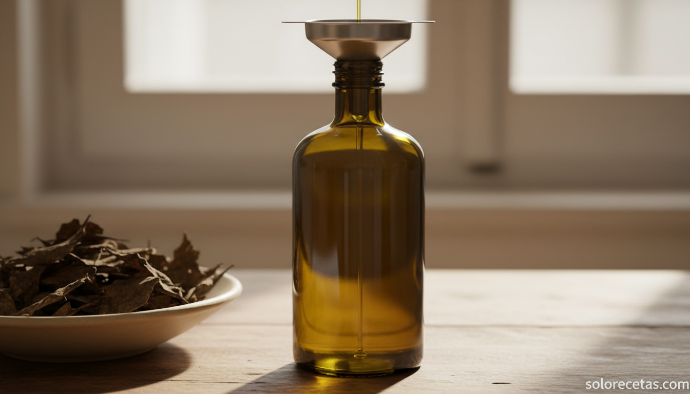 Aceite ya aclarado guardado en botella oscura para conservar mejor