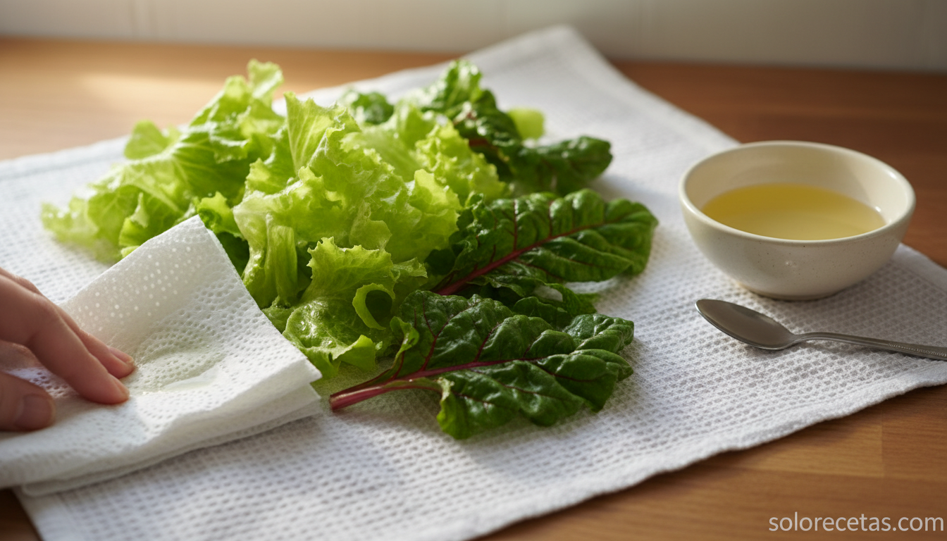 Hojas verdes de lechuga y acelga preparadas y secas para aclarar el aceite