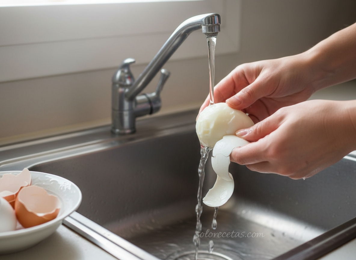 Manos pelando huevo cocido bajo agua fría del grifo