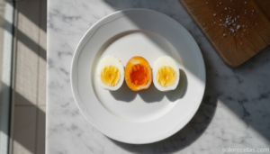 Tres huevos cocidos cortados con yemas en distinto punto de cocción