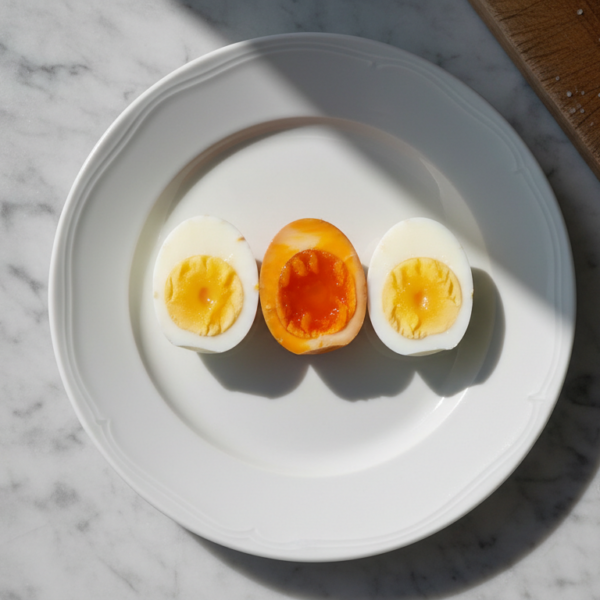 Tres huevos cocidos cortados con yemas en distinto punto de cocción