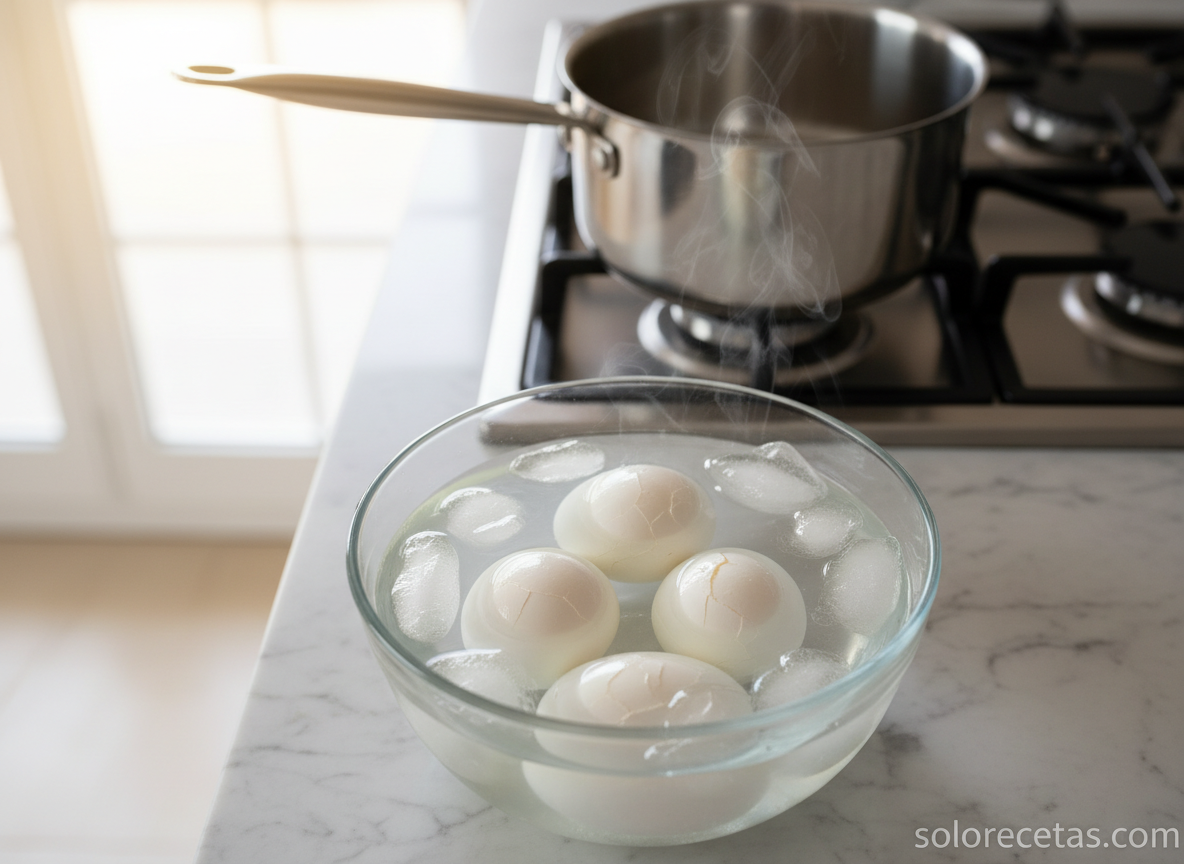 Huevos cocidos en bol con agua y hielo para cortar la cocción