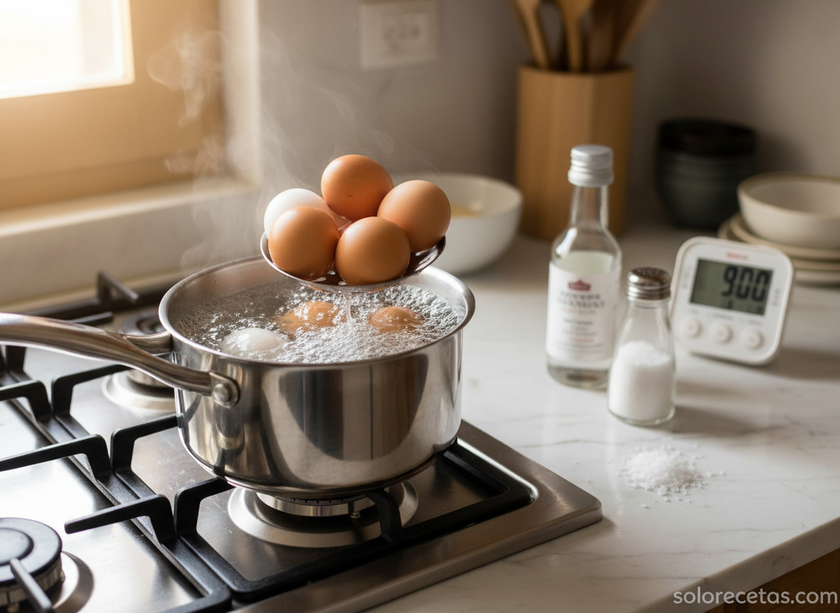 Huevos cociendo en cazo con cuchara, sal y vinagre en encimera