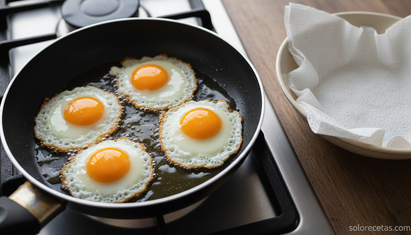 Huevos de codorniz friéndose con bordes crujientes y yema líquida