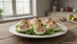 Huevos rellenos con atun palitos de cangrejo aceitunas y mais