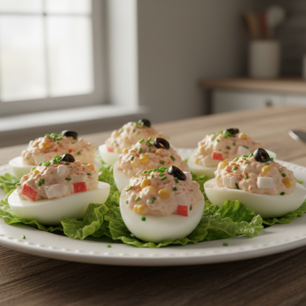 Huevos rellenos con atun palitos de cangrejo aceitunas y mais