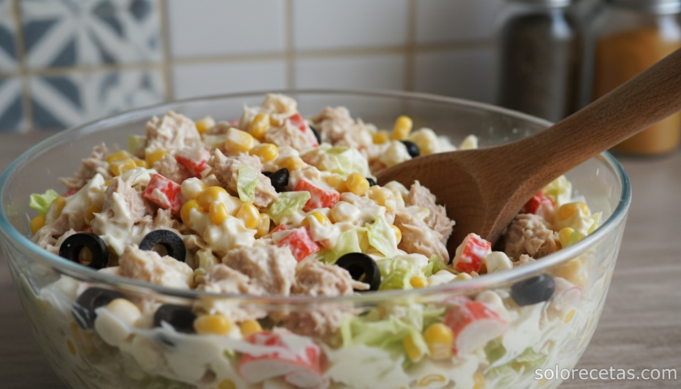 Relleno de atun con palitos de cangrejo aceitunas y mais en bol