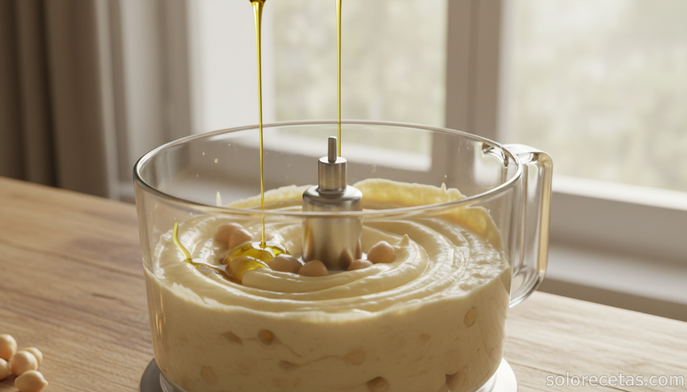 Batidora triturando garbanzos para receta de humus cremoso