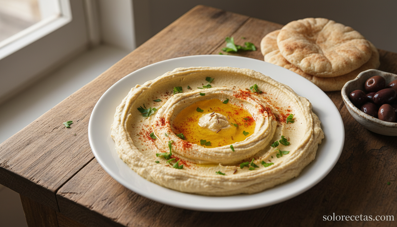 Humus emplatado con aceite de oliva y pimenton espolvoreado
