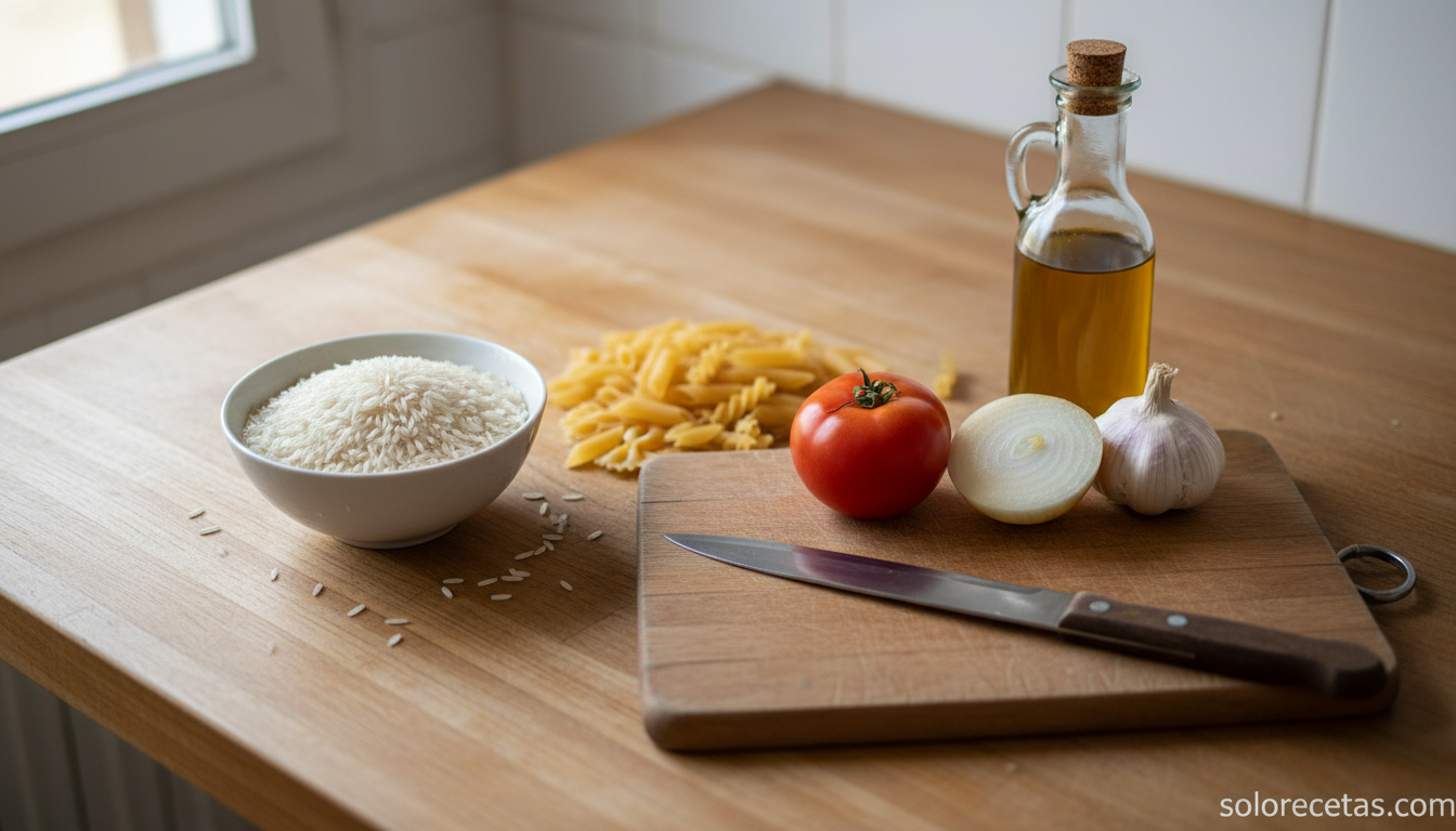 Cocina para novatos: el libro de Laura Donada para aprender desde cero 1 Ingredientes basicos de cocina para principiantes dispuestos sobre encimera de madera