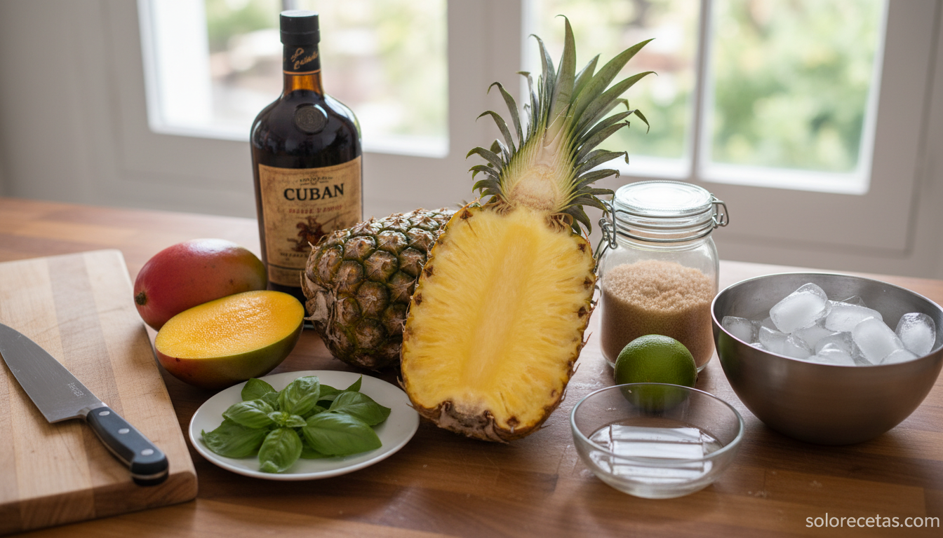 Ingredientes para la batida tropical: piña, mango, albahaca, ron añejo y azúcar moreno sobre encimera de madera