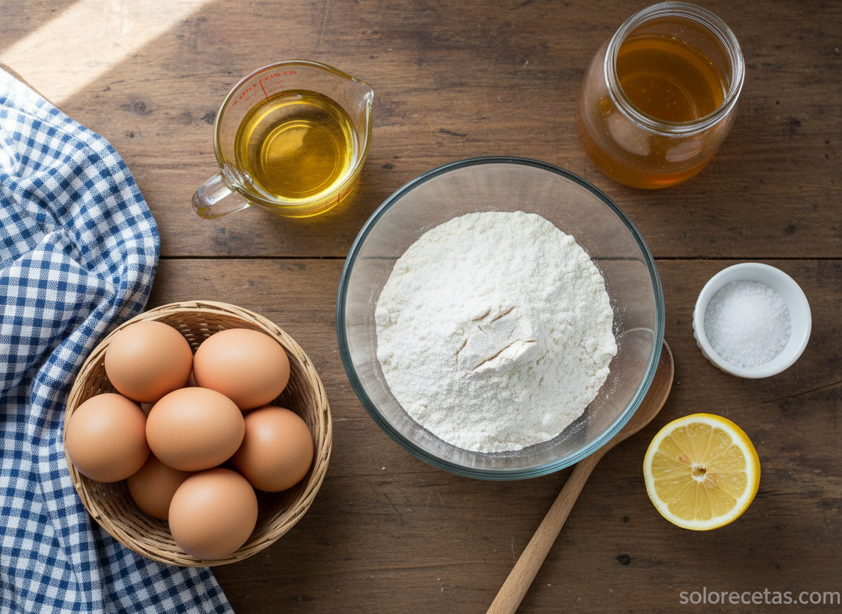 Buñuelos de Carnaval: receta tradicional crujiente y esponjosa 1 Ingredientes para buñuelos de Carnaval sobre encimera de cocina