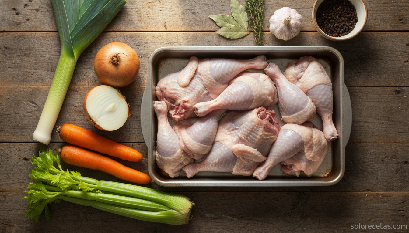 Ingredientes para caldo de ave: carcasas de pollo, puerro, cebolla, zanahoria, apio y laurel