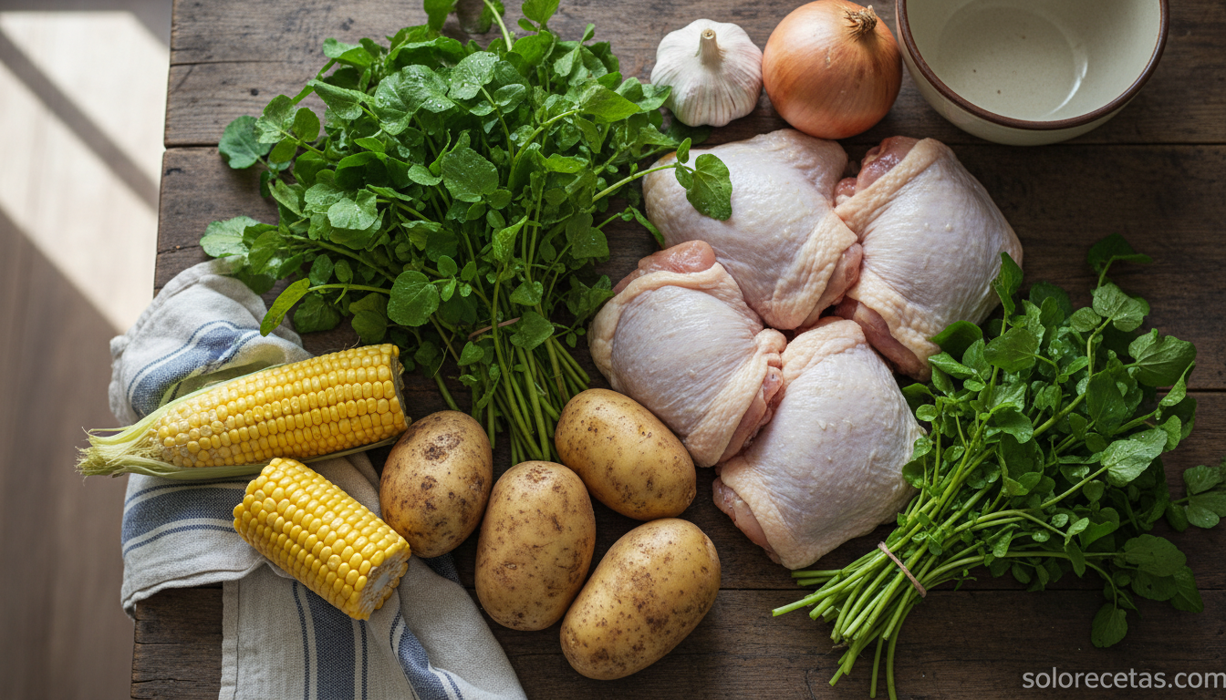 Caldo de berros canario: receta tradicional paso a paso 1 Ingredientes para caldo de berros sobre encimera de madera