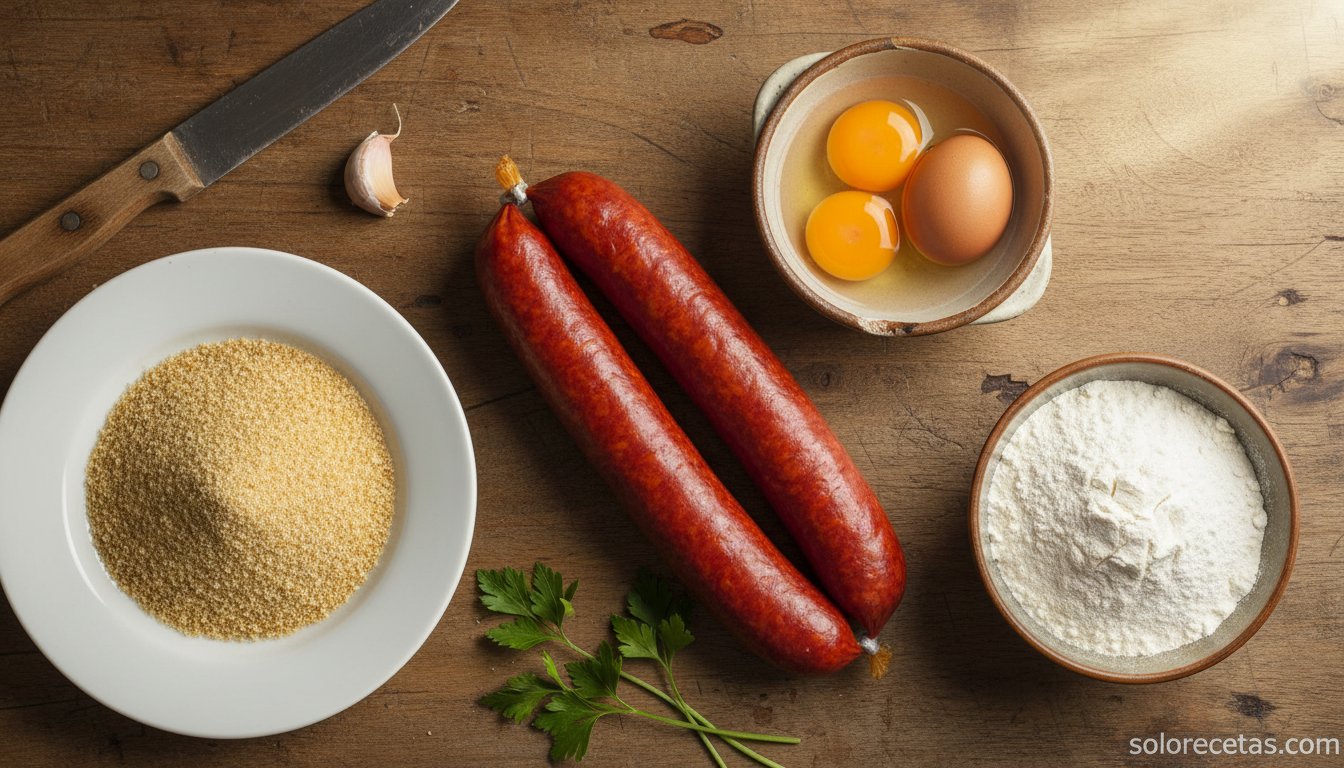Ingredientes para preparar chorizo empanado casero sobre encimera de madera