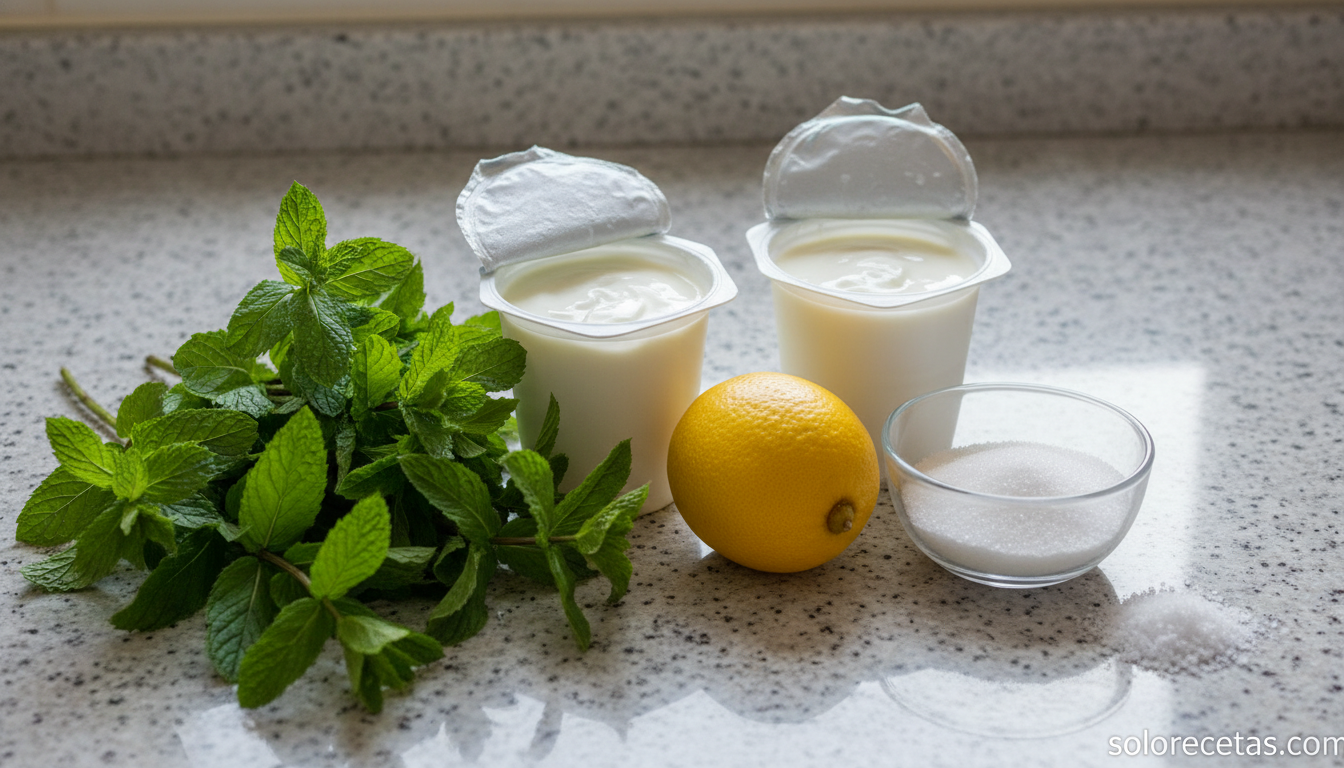 Ingredientes para crema de menta: yogur, menta fresca, azúcar y limón