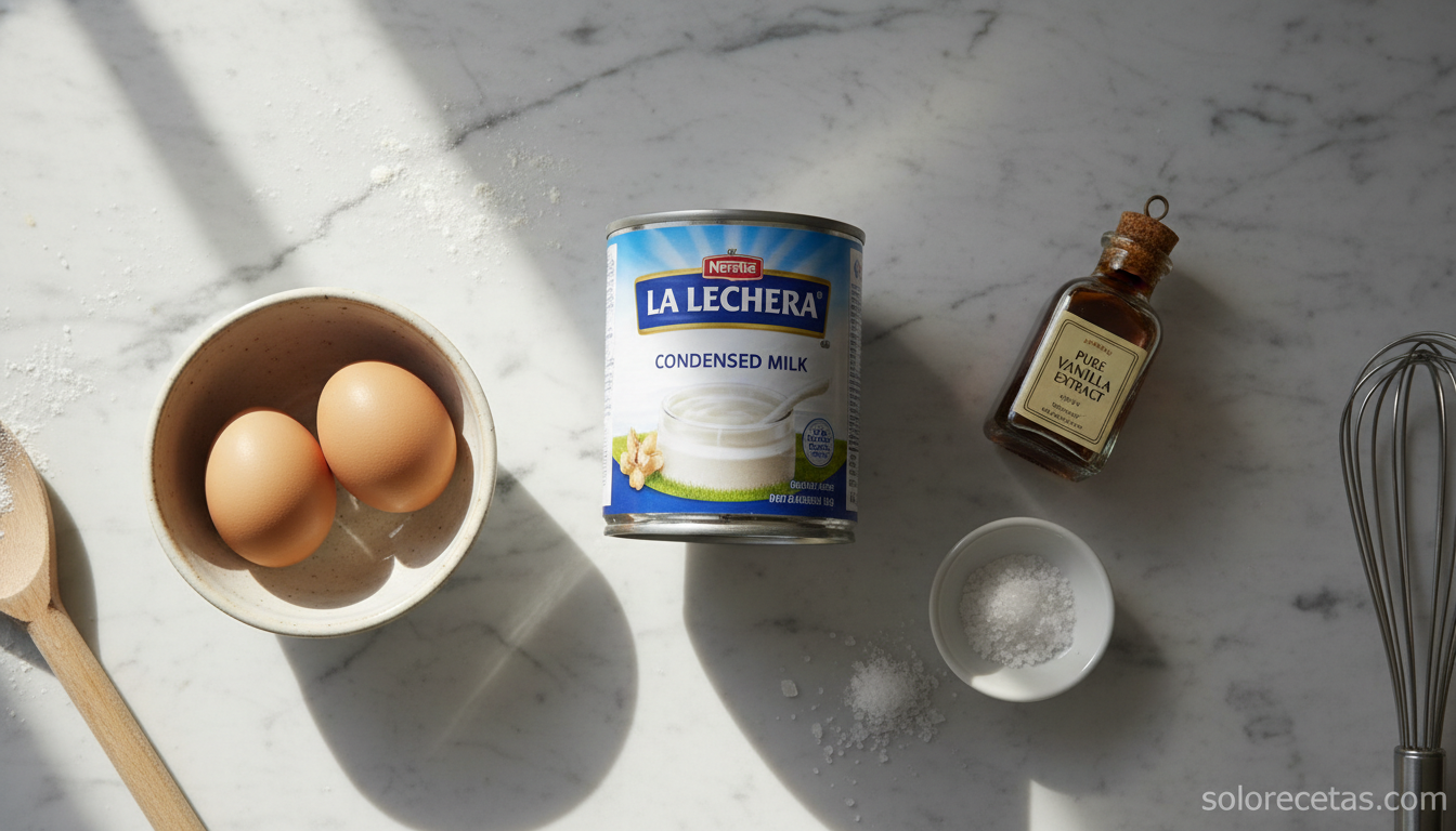 Ingredientes para el dulce de leche condensada: bote de leche condensada, huevos, vainilla y sal