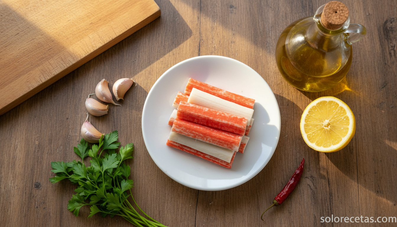Ingredientes para la ensalada de palitos de mar dispuestos sobre encimera de madera