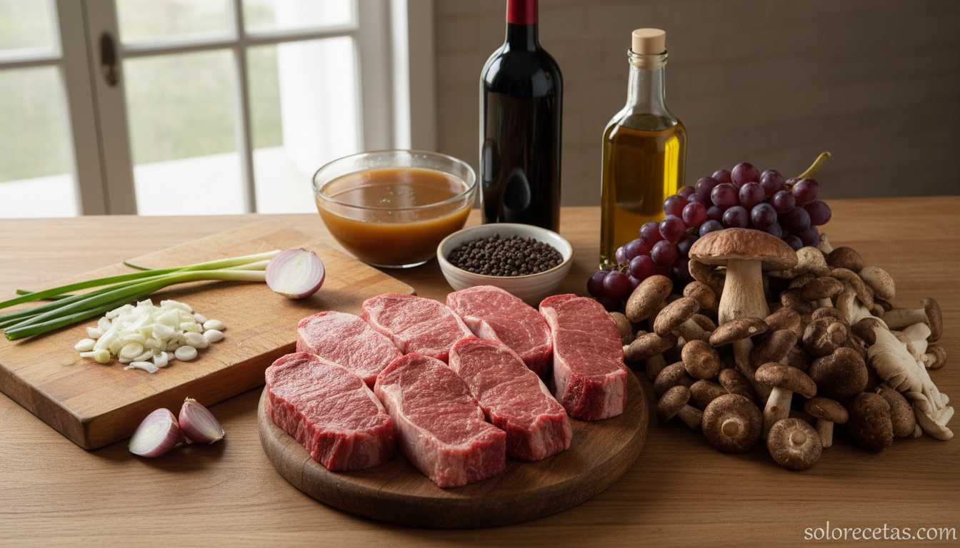 Ingredientes para entrecot con setas: carne, setas, uvas, vino tinto y chalota