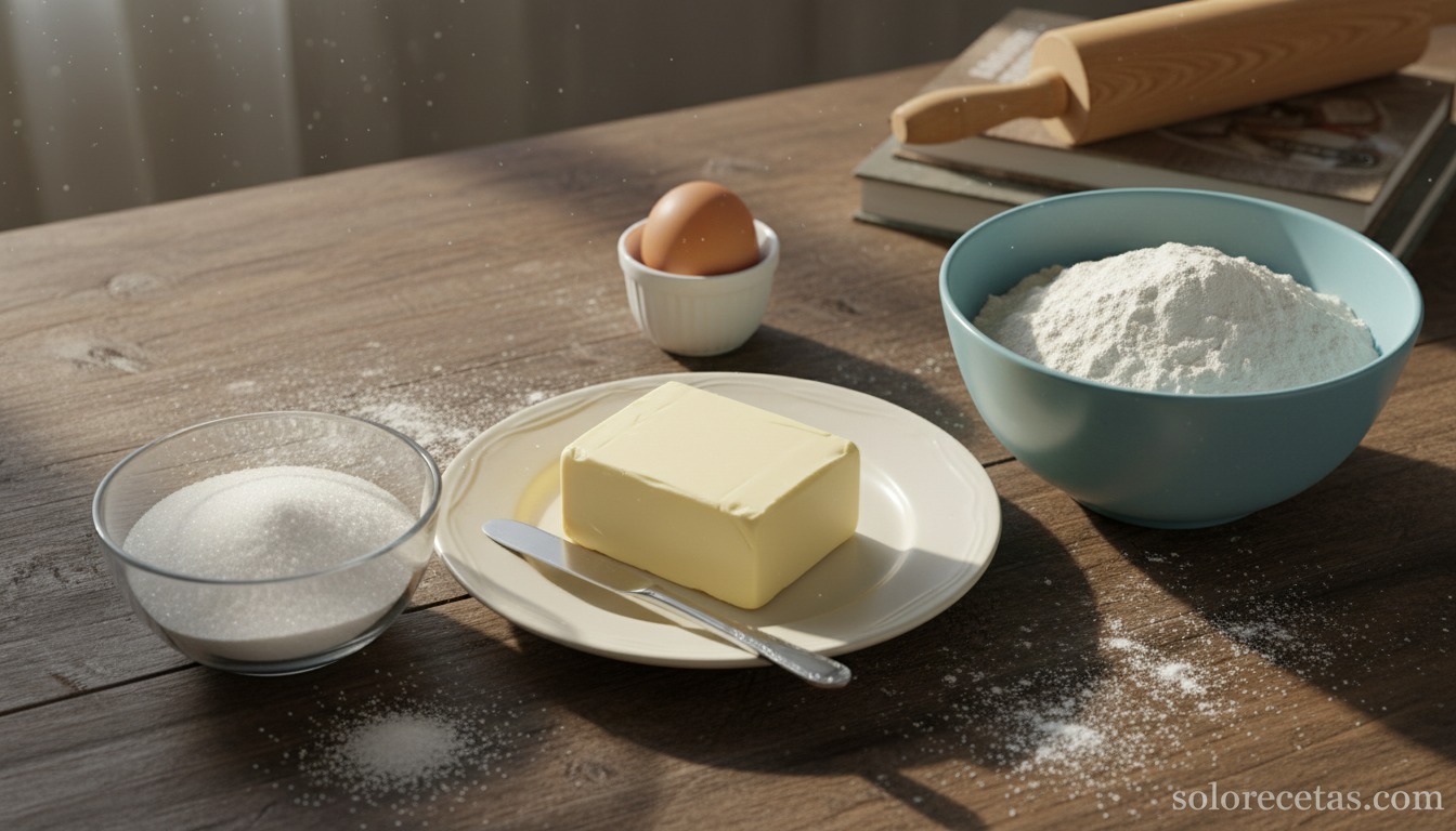 Ingredientes para hacer galletas de mantequilla caseras sobre encimera de madera