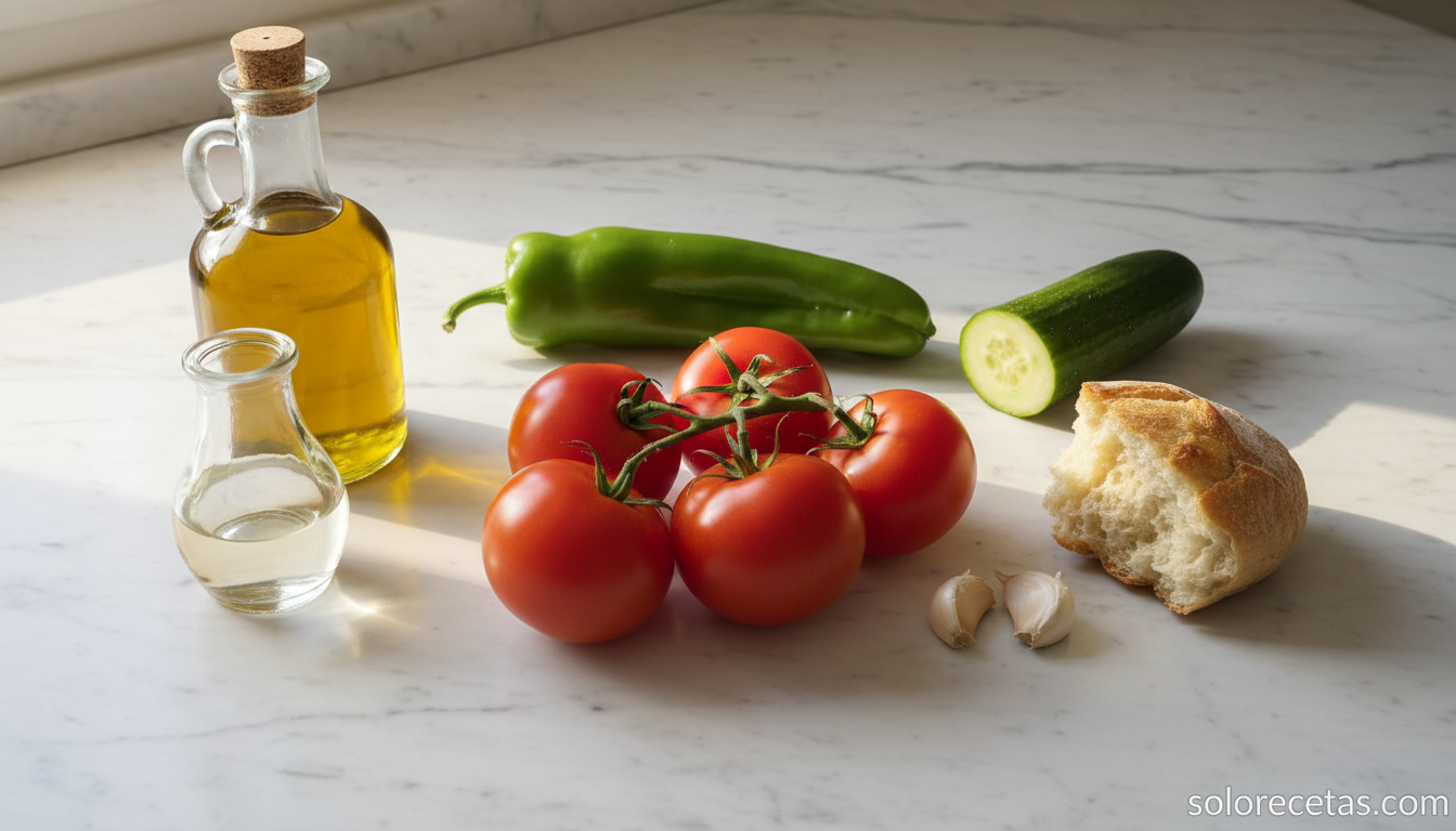 Ingredientes frescos para gazpacho andaluz: tomates maduros, pimiento verde, pepino, ajo, pan y aceite