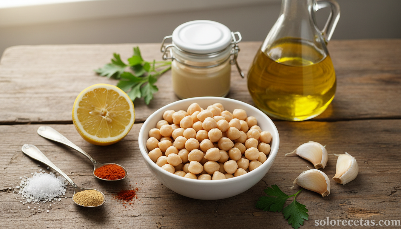 Ingredientes para la receta de humus sobre encimera de cocina