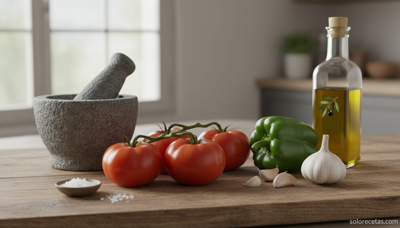 Ingredientes frescos para machacón de tomate sobre encimera de cocina
